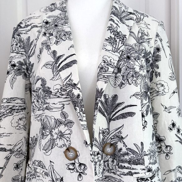 H by HALSTON Medium Linen Blend Blazer Jacket Cream Black Tropical Print Office - Picture 13 of 16